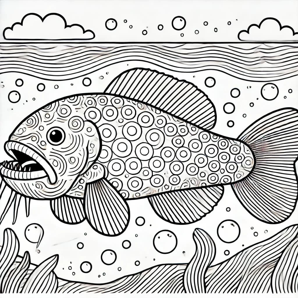 Ausmalbild - Quastenflosser im Ozean - Fisch, Ozean, Quastenflosser, Meer