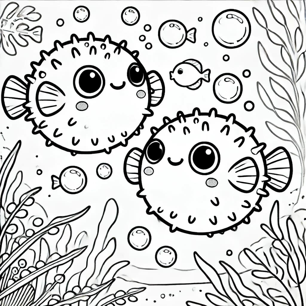 Ausmalbild - Zwei fröhliche Kugelfische - Kugelfisch, Unterwasser, Meer, Fische