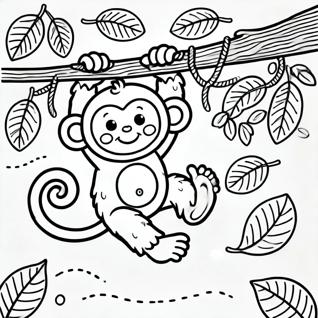 Ausmalbild - Fröhlicher Affe im Baum - Affe, Baum, Blätter, Dschungel