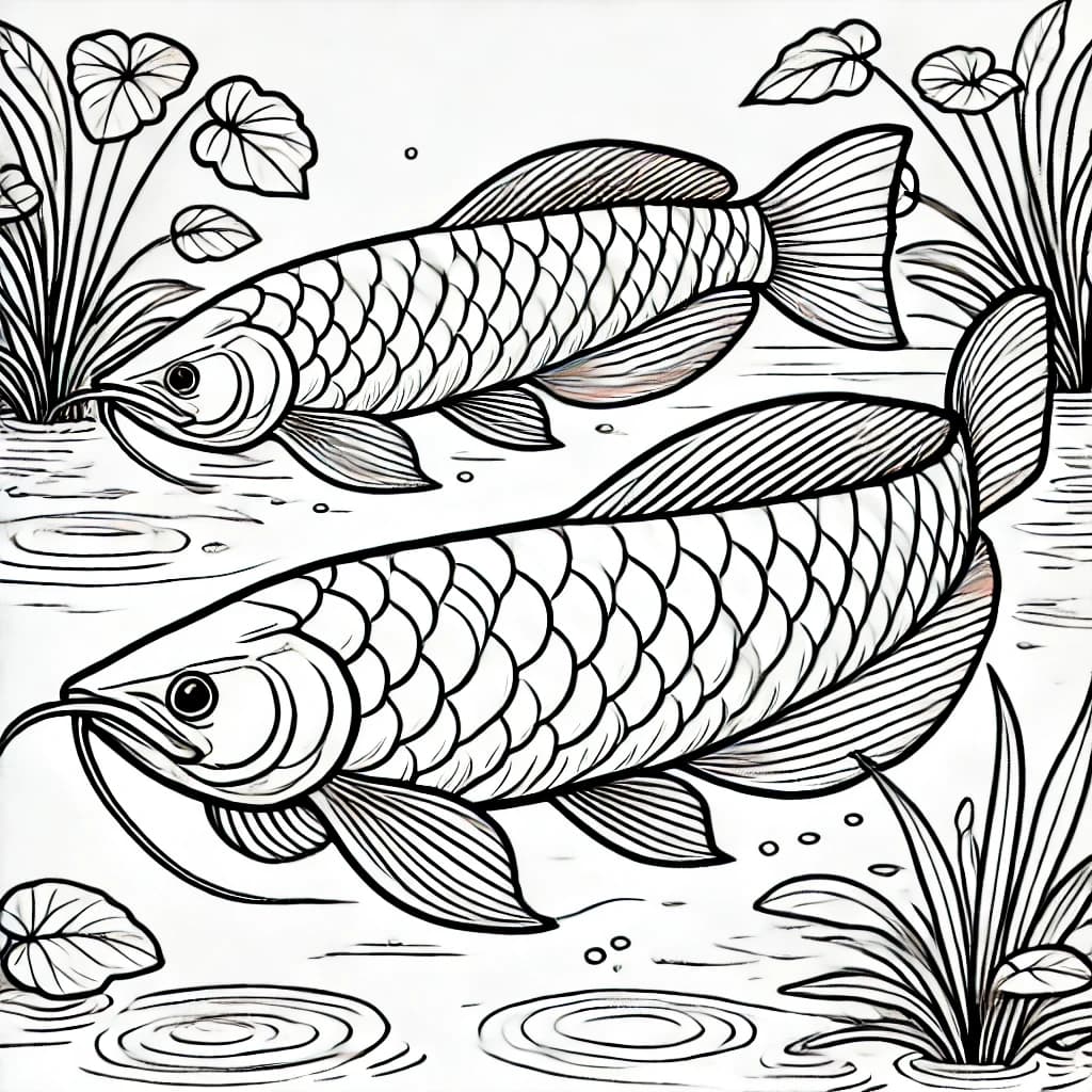 Ausmalbild - Zwei Arowana-Fische - Arowana, Fisch, Wasser, Teich