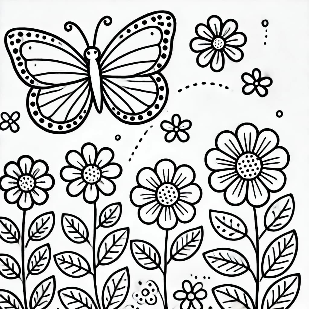 Ausmalbild - Schmetterling auf Blüten - Schmetterling, Blume, Natur, Frühling