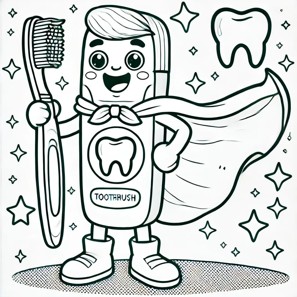 Ausmalbild - Die mutige Zahnbürste - Zahnbürste, Superheld, Zähne, Hygiene