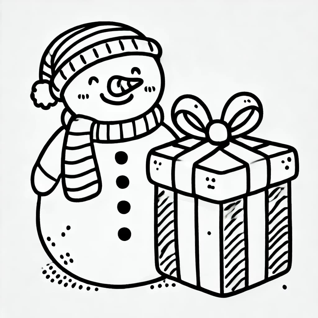 Ausmalbild - Lachender Schneemann mit riesigem Geschenk - Schneemann, Winter, Geschenk, Weihnachten