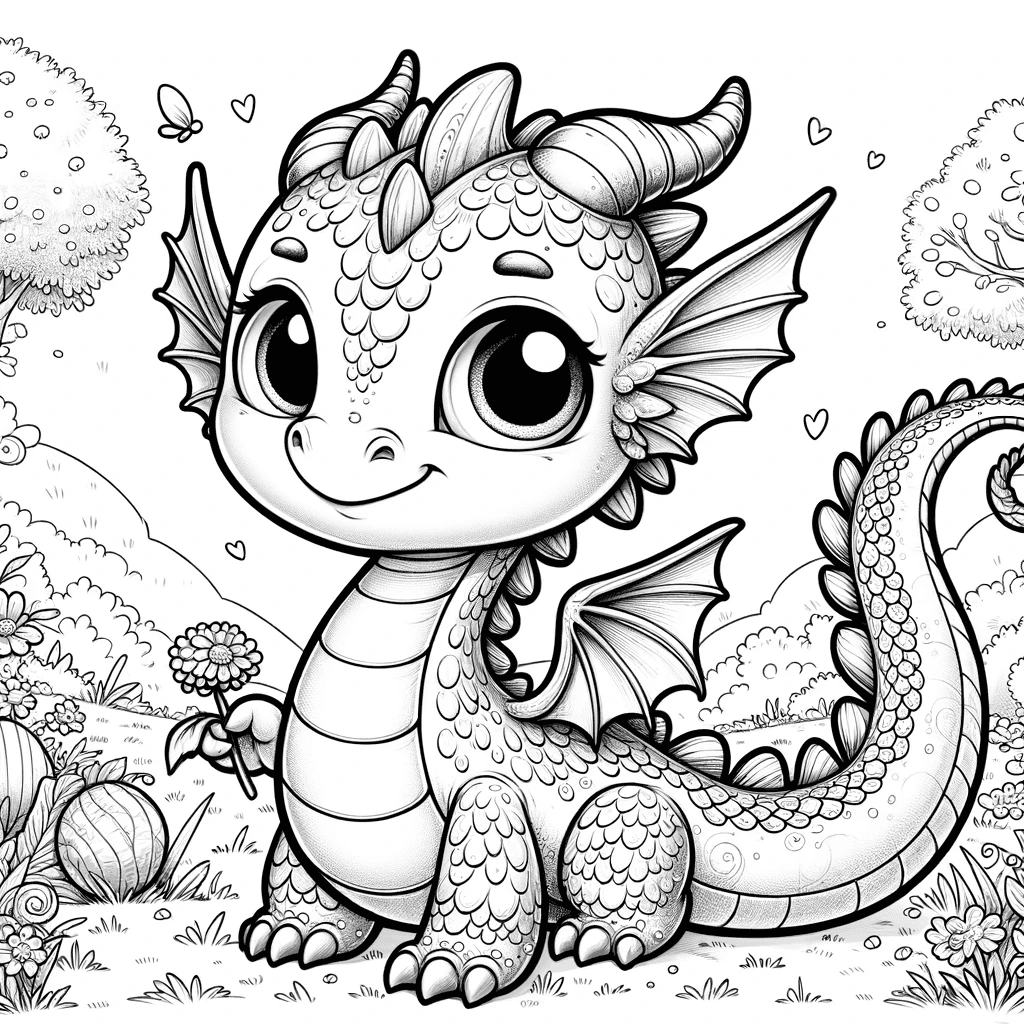 Ausmalbild - Der fröhliche Drache im Märchenland - Drache, Märchenland, Wiese, Blumen