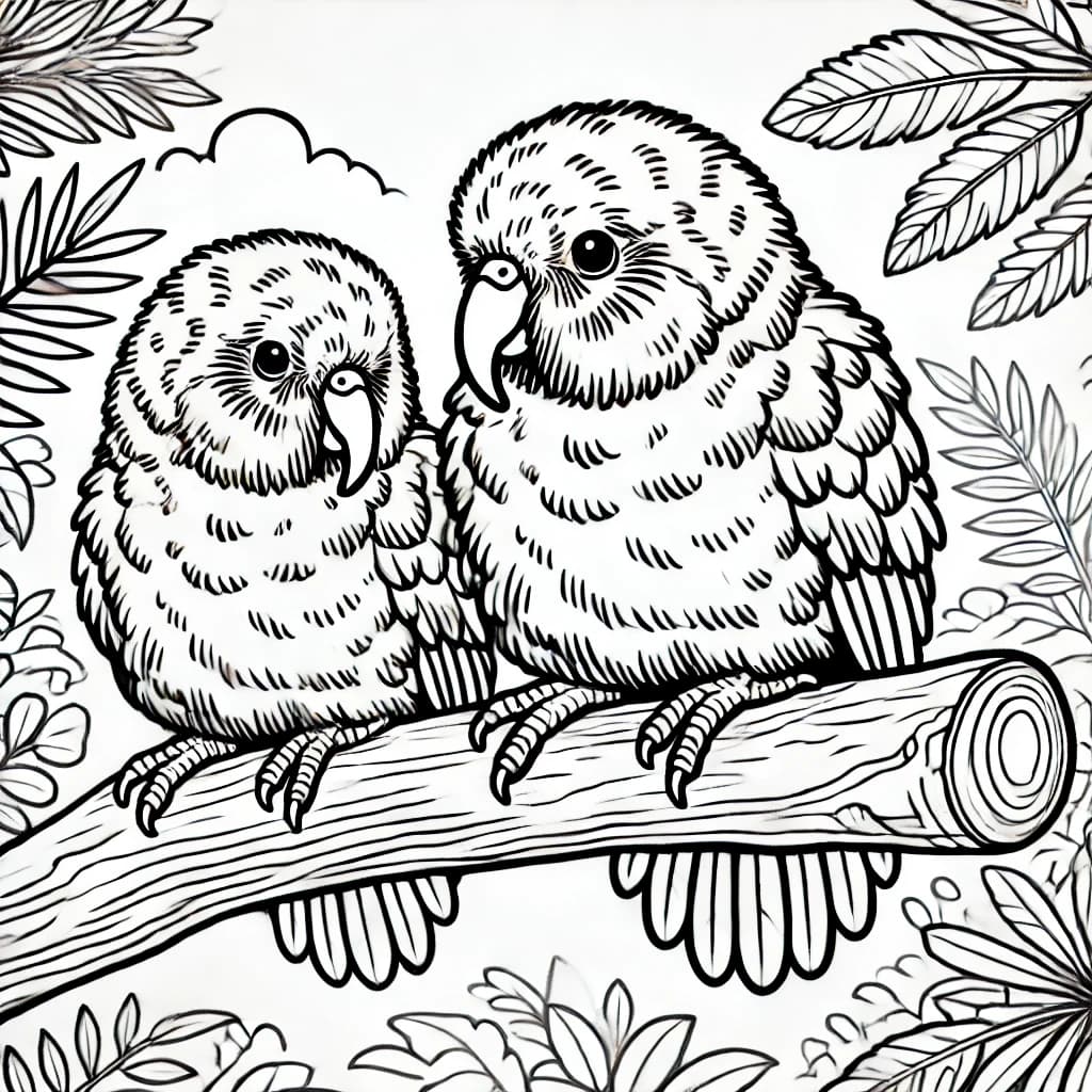 Ausmalbild - Zwei Kakapos auf einem Ast - Kakapo, Papagei, Baum, Natur