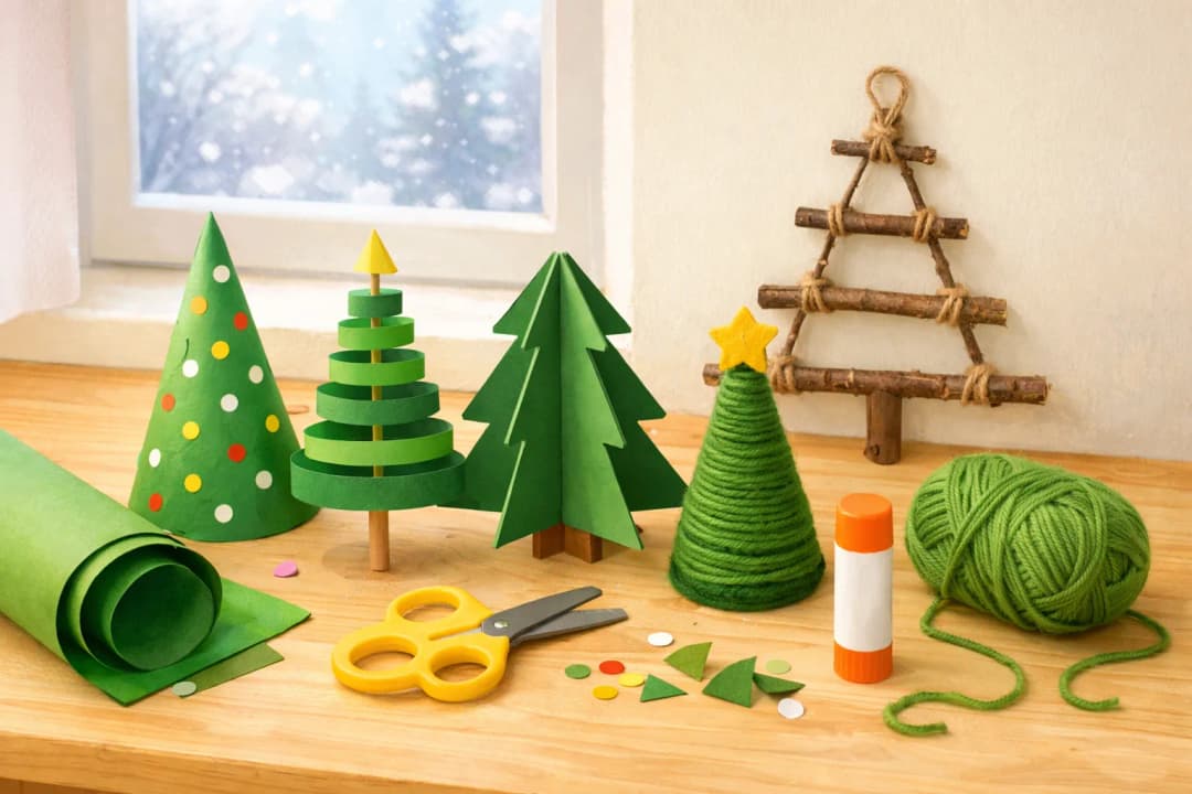 Selbst gebastelte Tannenbäume stehen nebeneinander auf einem hellen Holztisch vor einem winterlichen Fenster: ein Kegel aus grünem Tonkarton mit aufgeklebten bunten Papierpunkten, ein Baum aus grünen Papierstreifen abnehmender Länge auf einem Holzspieß mit gelber Spitze, eine ineinandergesteckte Stecktanne aus grüner Pappe und ein mit grüner Wolle umwickelter Kegel mit gelbem Filzstern. An der Wand dahinter hängt ein Tannenbaum aus Zweigen, die mit Jutegarn zusammengebunden sind. Davor liegen eine Rolle grüner Tonkarton, eine gelbe Kinderschere, ein Klebestift, ein Knäuel grüne Wolle und bunte Papierschnipsel.