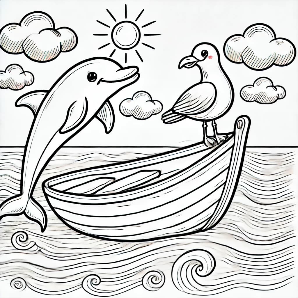 Ausmalbild - Delfin und Möwe auf Bootsfahrt - Delfin, Möwe, Boot, Meer