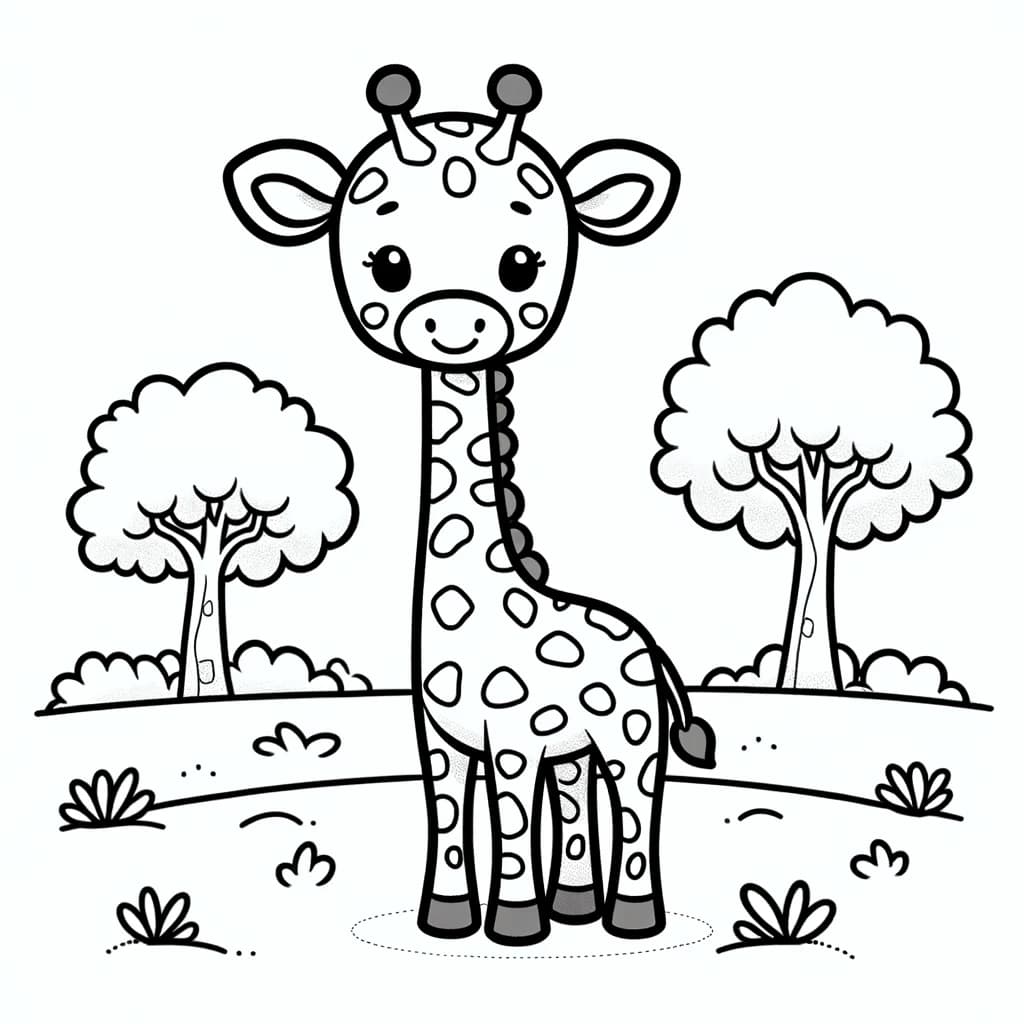 Ausmalbild - Giraffe im Sonnenuntergang - Giraffe, Bäume, Savanne, Sonnenuntergang