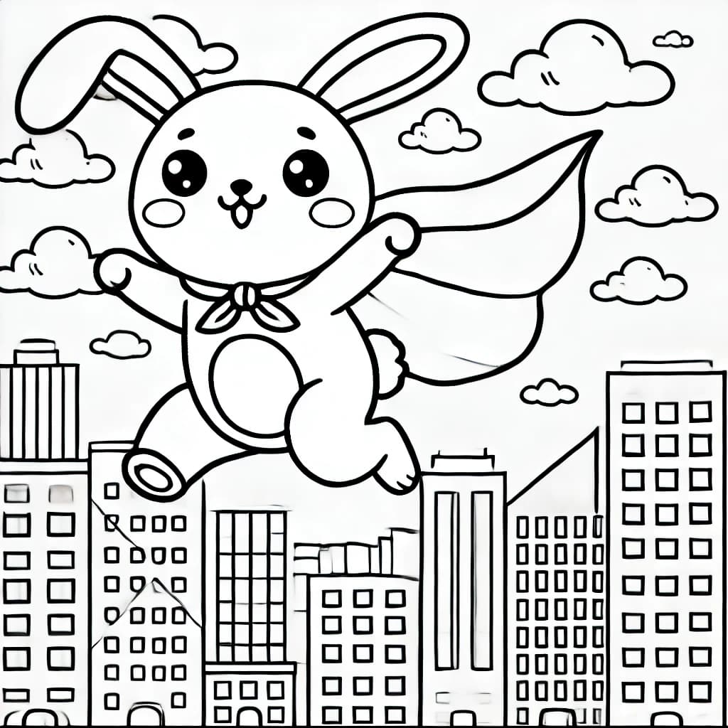 Ausmalbild - Superhase in der Stadt - Hase, Superheld, Umhang, Stadt