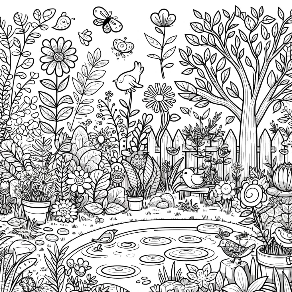Ausmalbild - Zauberhafter Garten - Garten, Pflanzen, Blumen, Teich