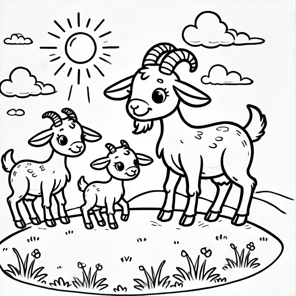 Ausmalbild - Ziegenfamilie auf der Wiese - Ziege, Familie, Bauernhof, Tiere