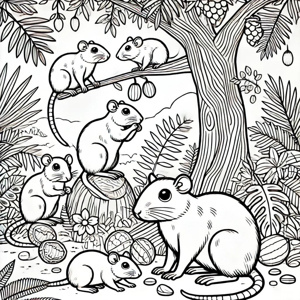 Ausmalbild - Agutis im Dschungel - Aguti, Waldtiere, Dschungel, Blätter