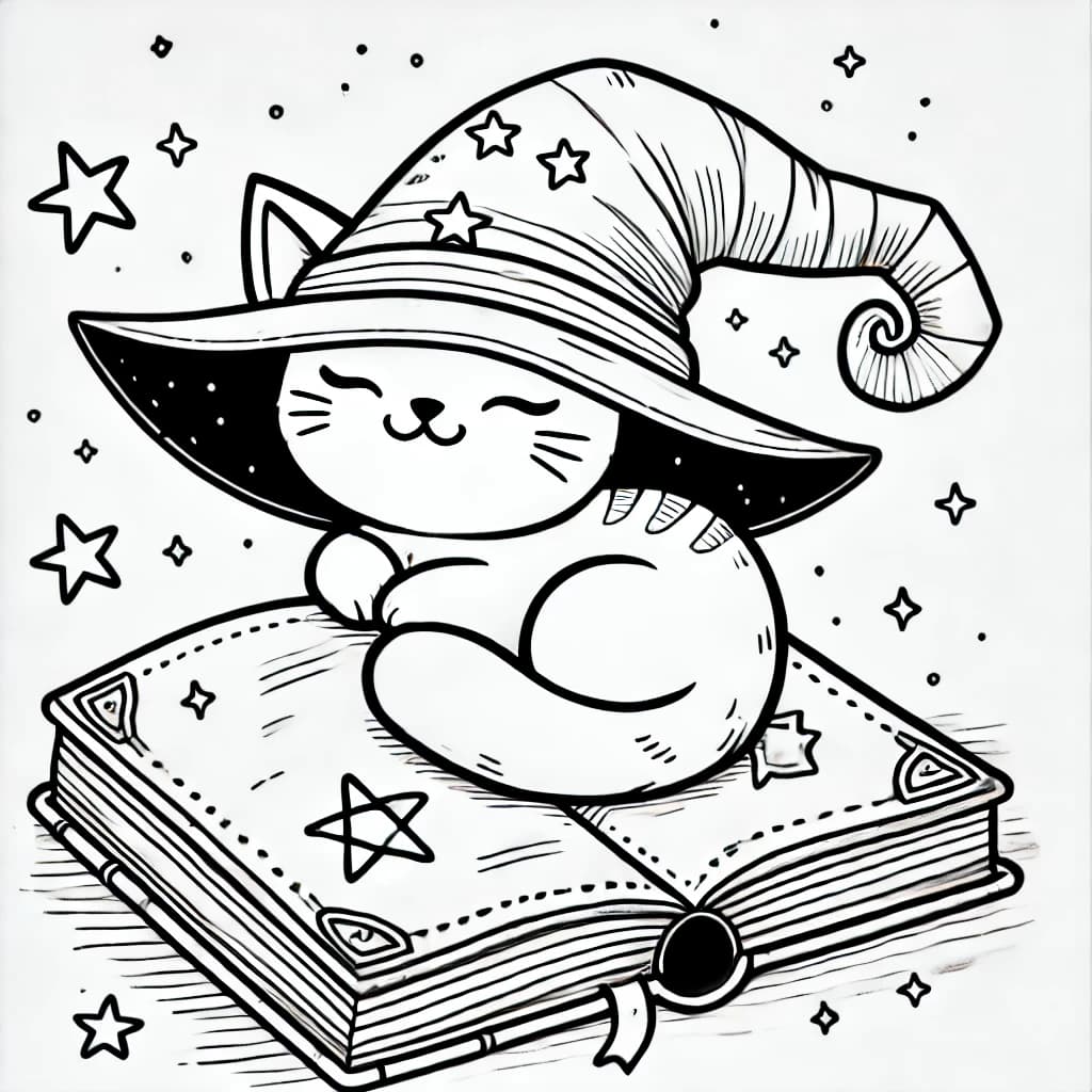 Ausmalbild - Schlafende Zauberkatze - Katze, Hexenhut, Zauberbuch, Magie