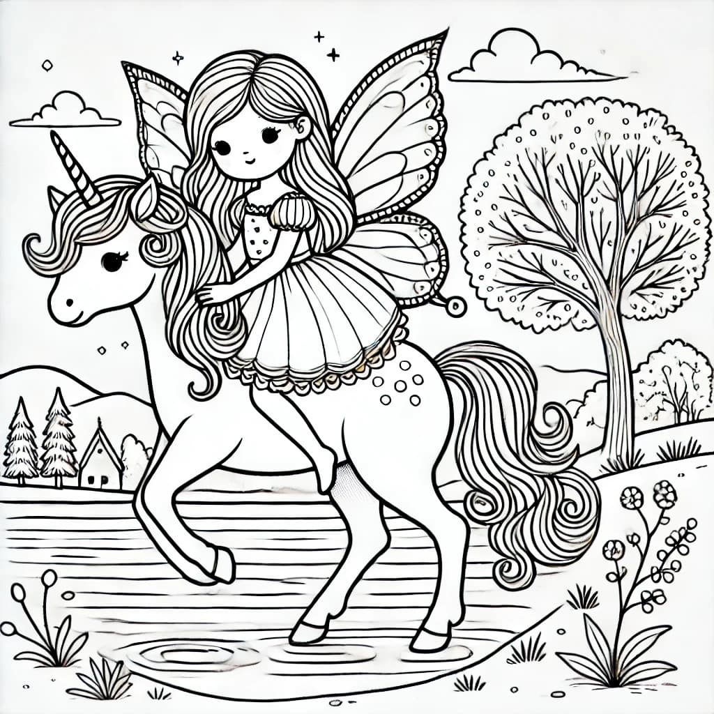 Ausmalbild - Fee auf Einhorn am See - Fee, Einhorn, See, Natur