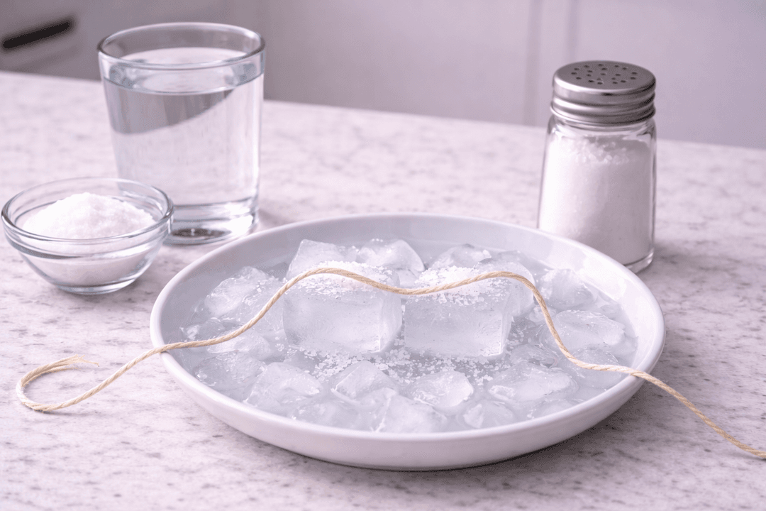 Experiment experimentieren - Eiswürfel angeln: Eis mit einem Faden hochheben