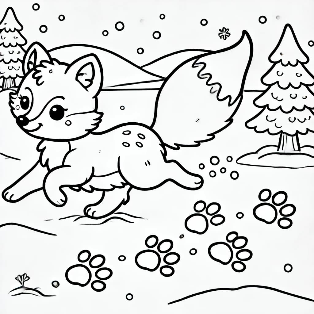 Ausmalbild - Fuchs im Schnee - Fuchs, Winter, Schnee, Pfotenabdrücke