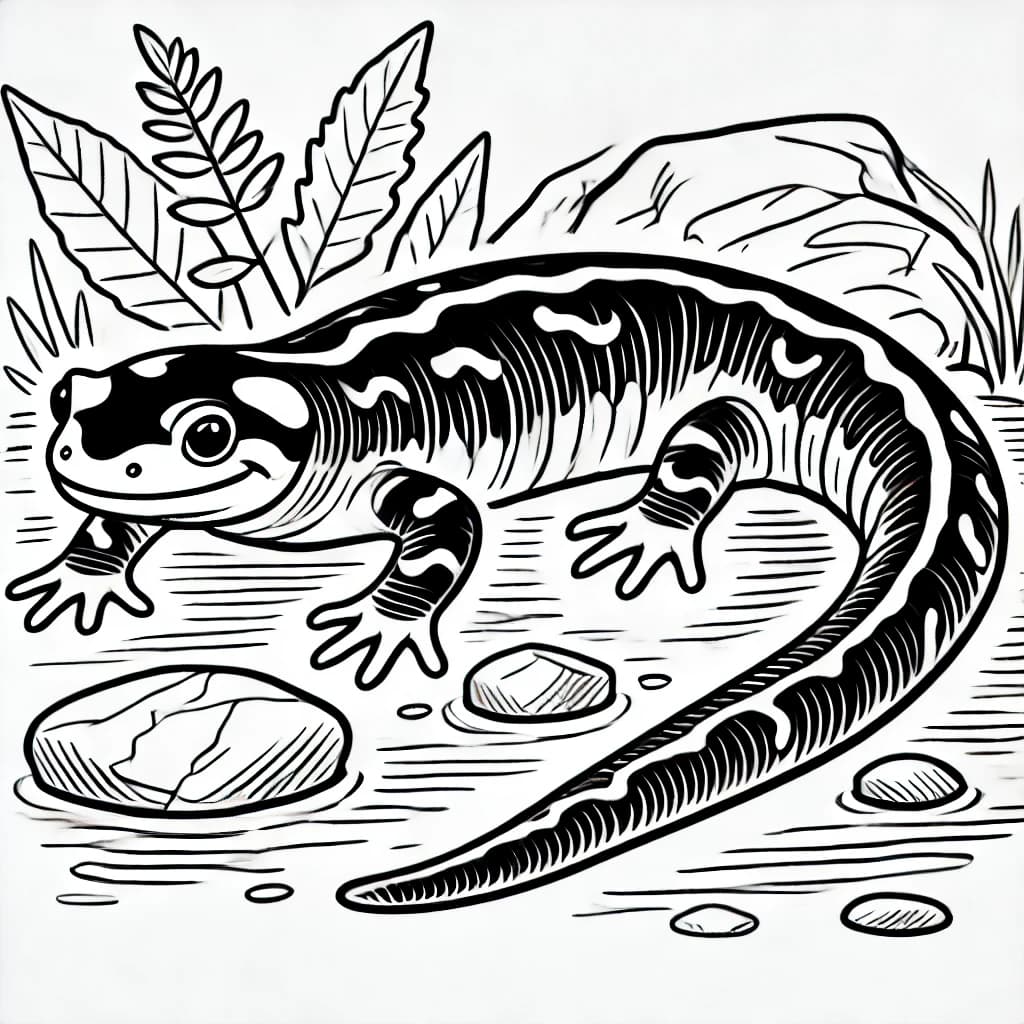 Ausmalbild - Tiger-Salamander im Wald - Salamander, Amphibien, Natur