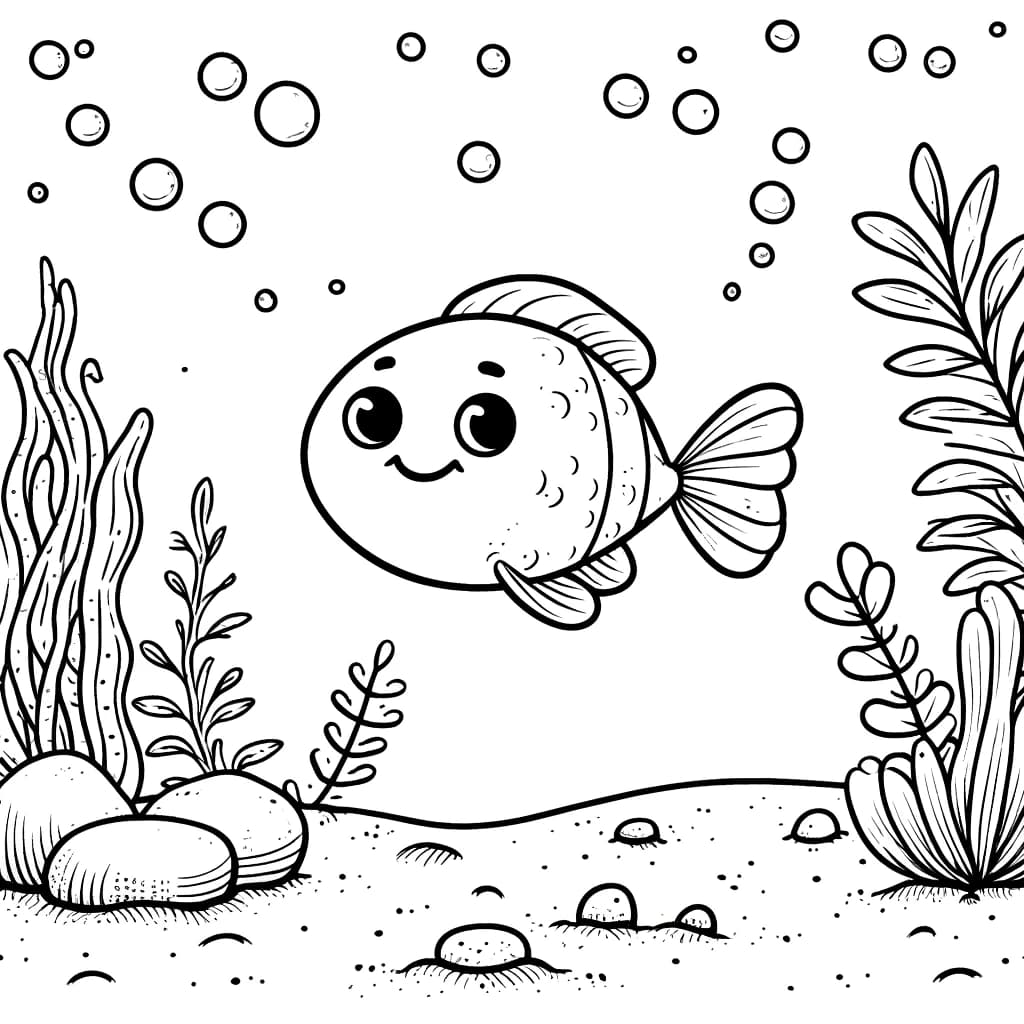 Ausmalbild - Der fröhliche Fisch unter dem Meer - Fisch, Meer, Unterwasser, Seepflanzen