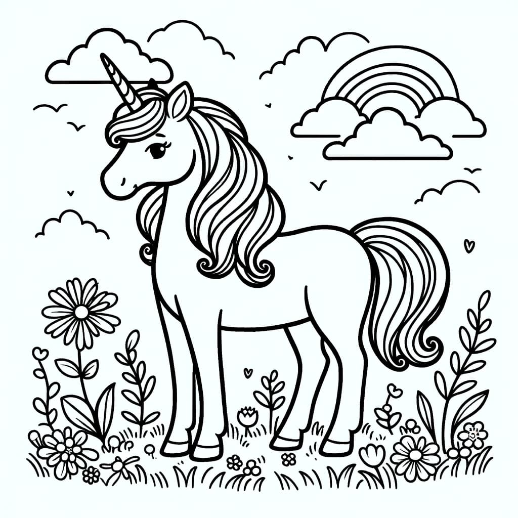 Ausmalbild - Einhorn im Blumenmeer - Einhorn, Blumen, Wiese, Wolken