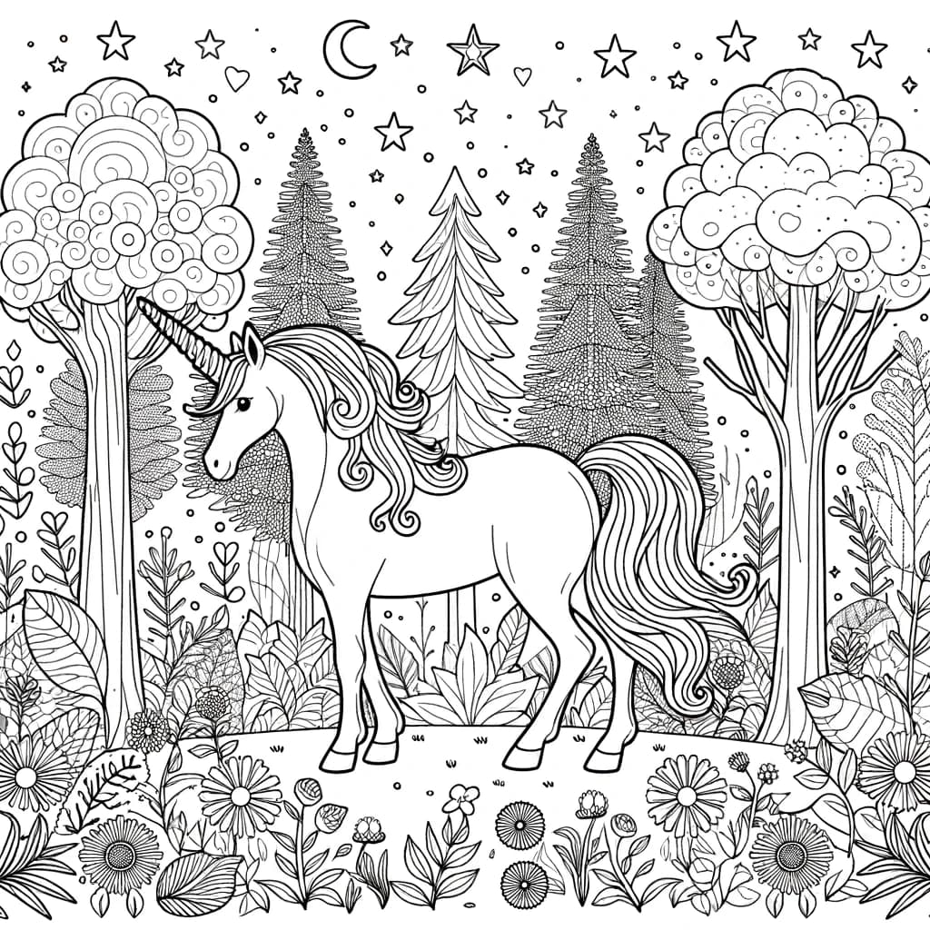 Ausmalbild - Einhorn im Zauberwald - Einhorn, Zauberwald, Bäume, Blumen