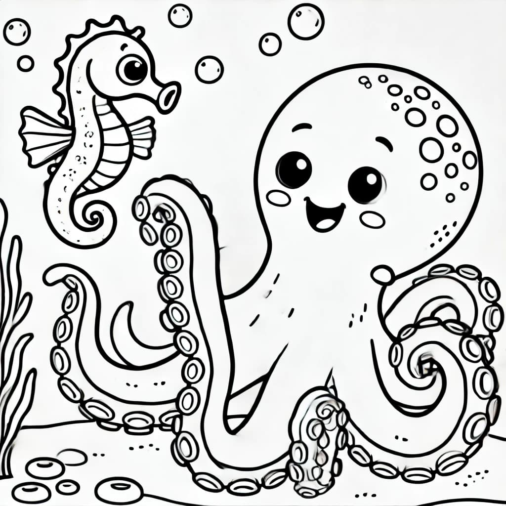 Ausmalbild - Oktopus-High-Five - Oktopus, Seepferdchen, Meer, Unterwasser