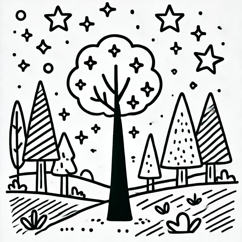 Ausmalbild - Der funkelnde Baum im Wald - Wald, Baum, Funkeln, Natur