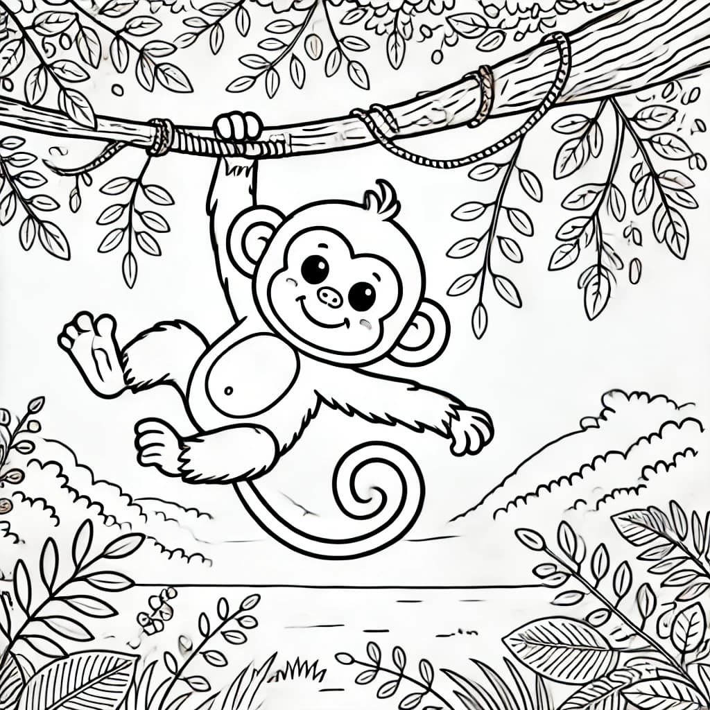 Ausmalbild - Fröhlicher Affe im Dschungel - Affe, Dschungel, Schwingen, Lianen
