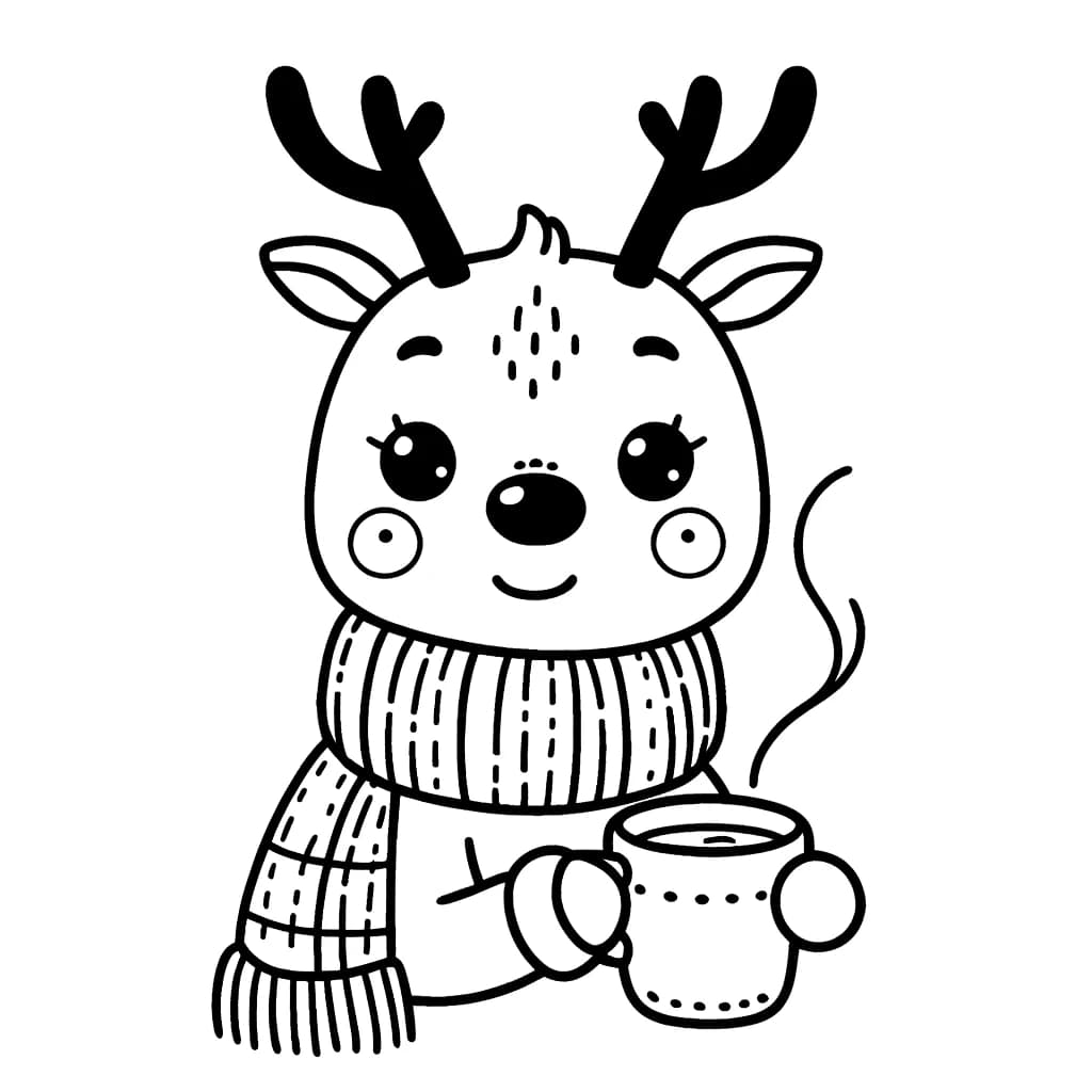 Ausmalbild - Rentier mit Schal und Kakao - Rentier, Winter, Schal, Kakao