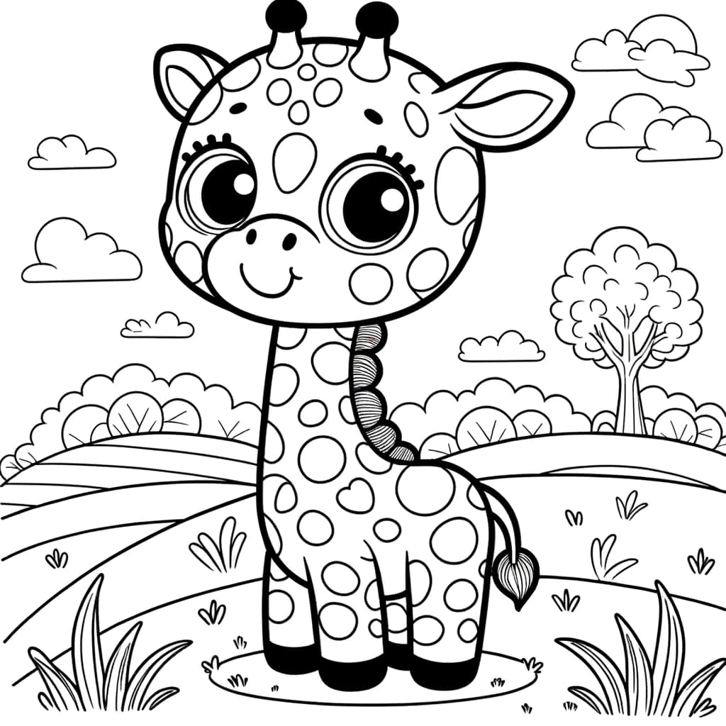Ausmalbild - Fröhliche Giraffe im Garten - Giraffe, Garten, Spielen, Natur