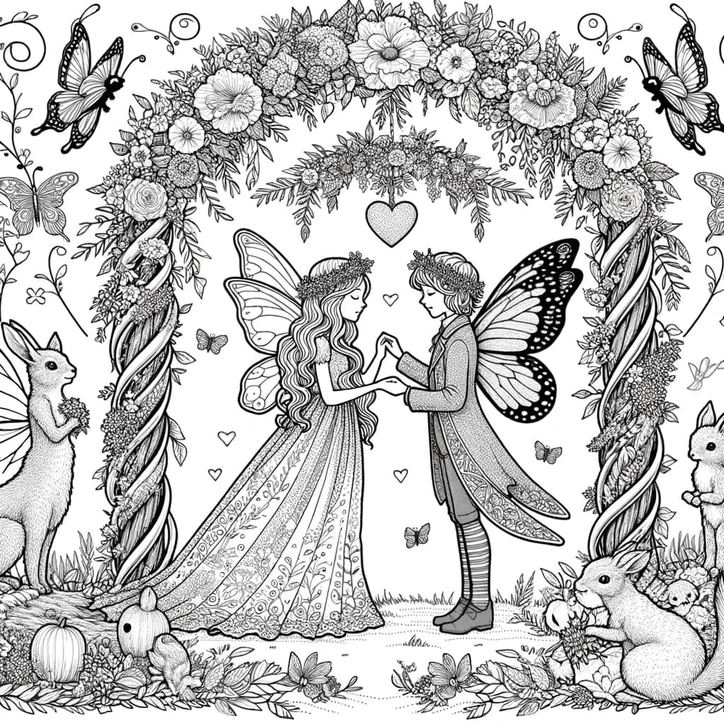 Ausmalbild - Feenhochzeit im Wald - Feenhochzeit, Waldtiere, Blumenbogen, Feen