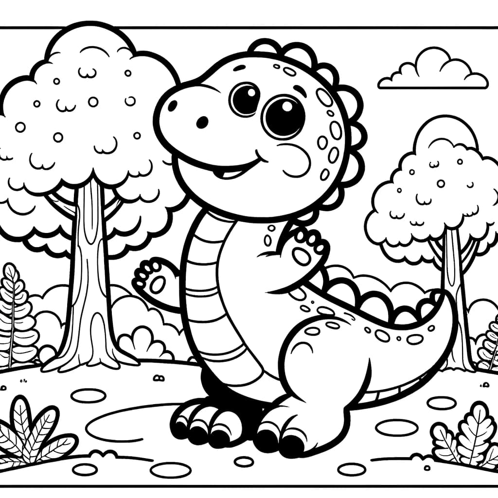 Ausmalbild - Der freundliche Dinosaurier - Dinosaurier, Bäume, Pflanzen, Spiel