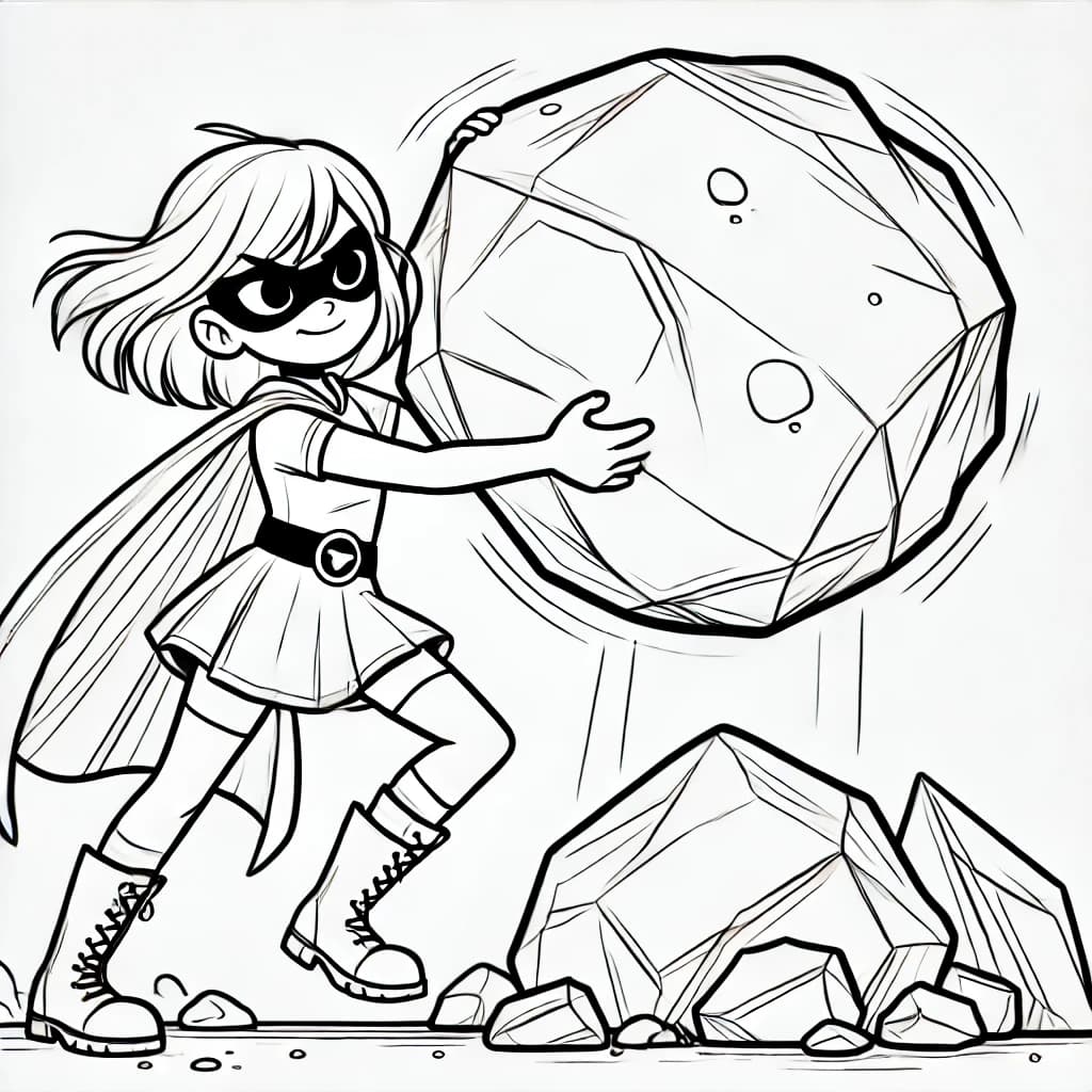 Ausmalbild - Superheldin hebt einen Felsen - Superheldin, Stärke, Felsen, Umhang