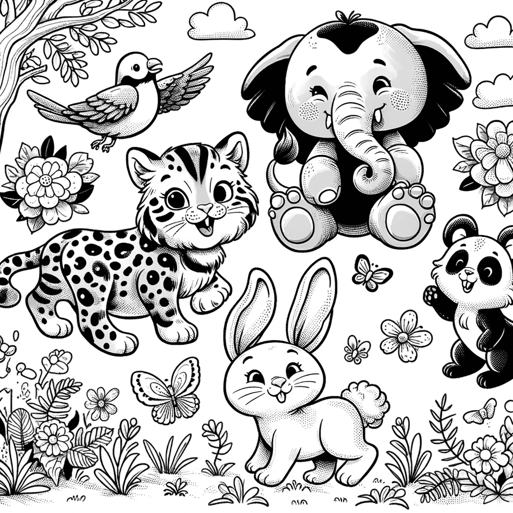 Ausmalbild - Tierische Freunde - Elefant, Löwe, Kaninchen, Bäume