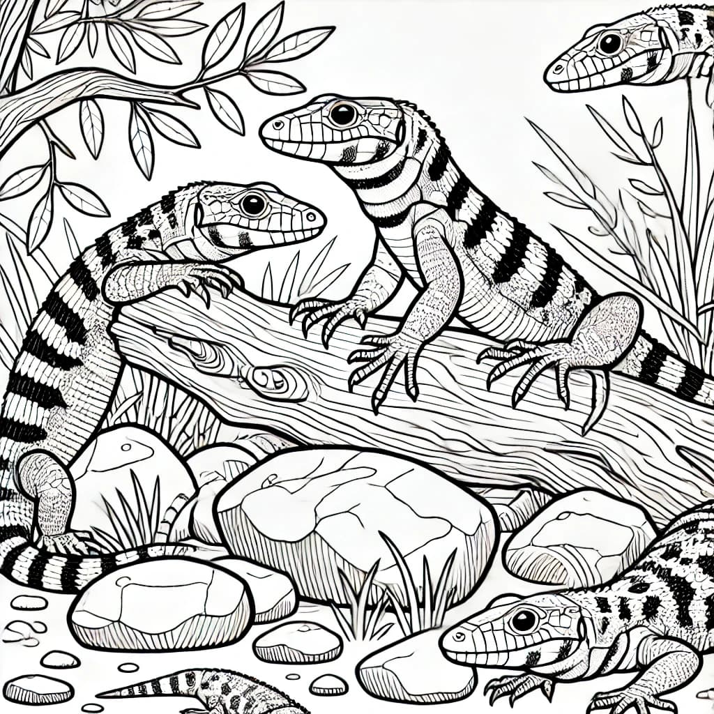 Ausmalbild - Krokodil-Tejus in der Natur - Krokodil-Teju, Echsen, Reptilien, Natur