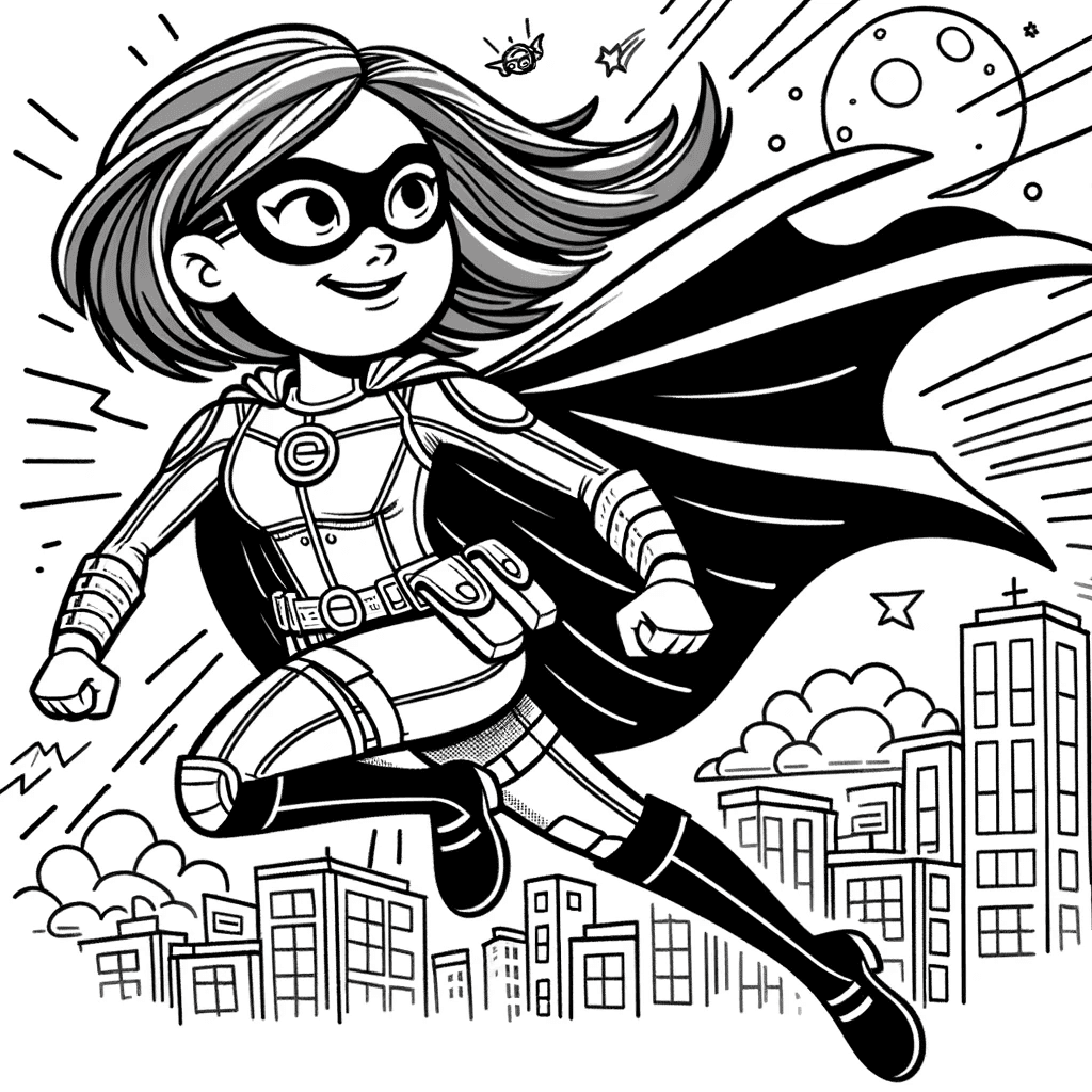 Ausmalbild - Superheldin im Einsatz - Superheldin, Fliegen, Umhang