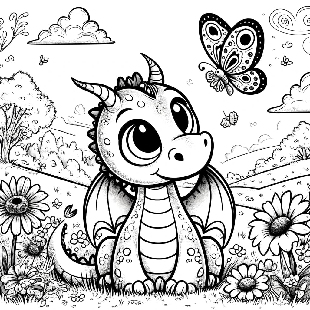 Ausmalbild - Der freundliche Drache und der Schmetterling - Drache, Schmetterling, Wiese, Blumen