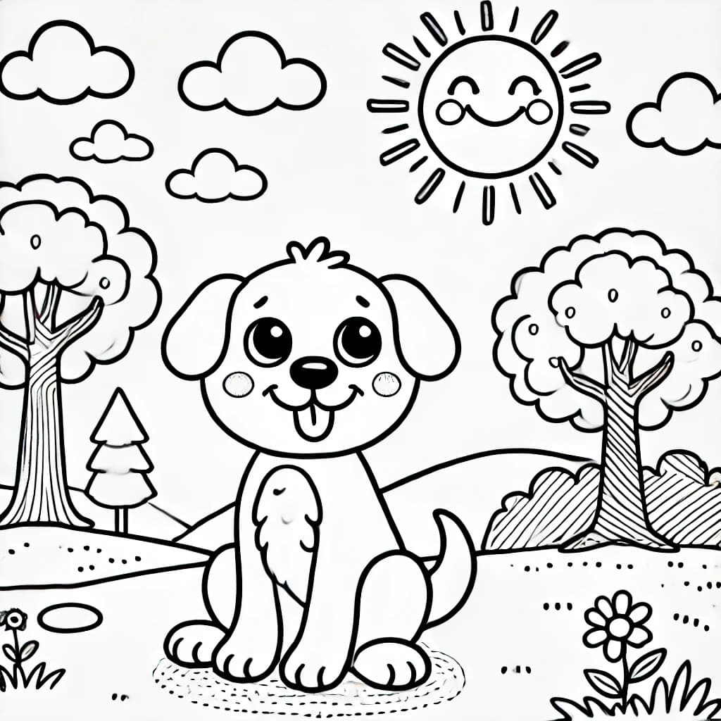 Ausmalbild - Fröhlicher Hund im Park - Hund, Park, Sonne, Bäume