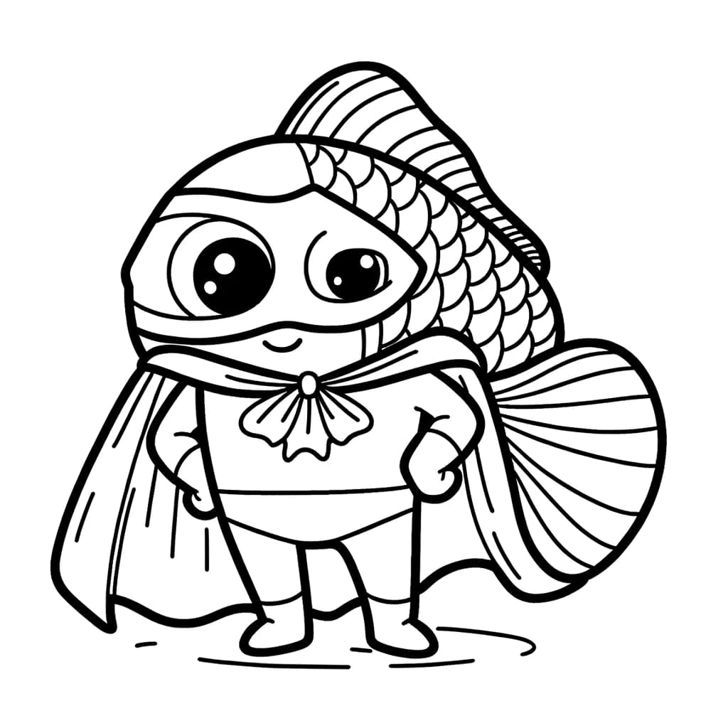 Ausmalbild - Der Superhelden-Fisch - Superheld, Fisch, Cape, Maske