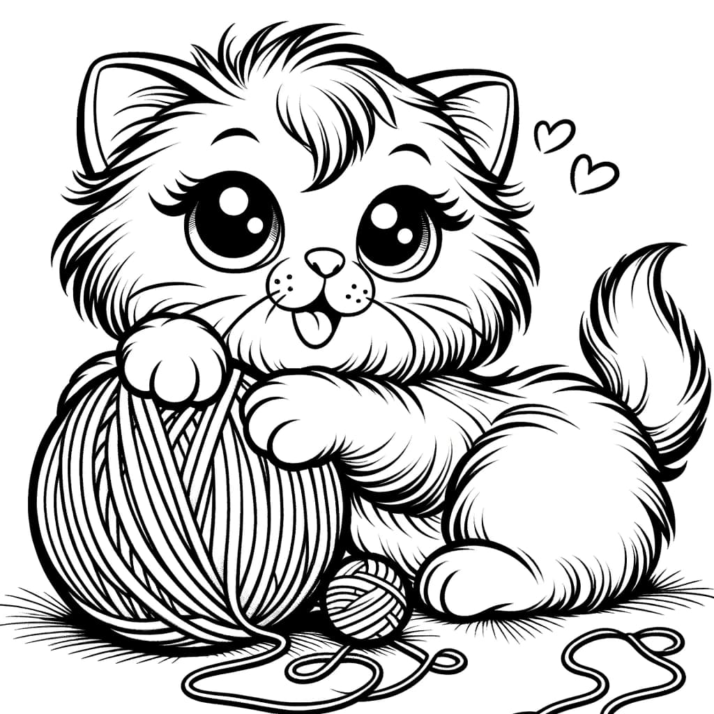 Ausmalbild - Verspieltes Kätzchen mit Wollknäuel - Kätzchen, Wollknäuel, spielen, flauschig