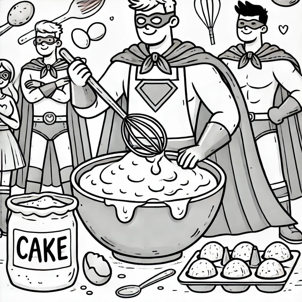 Ausmalbild - Der backende Superheld - Superheld, Kuchen, Backen, Freunde