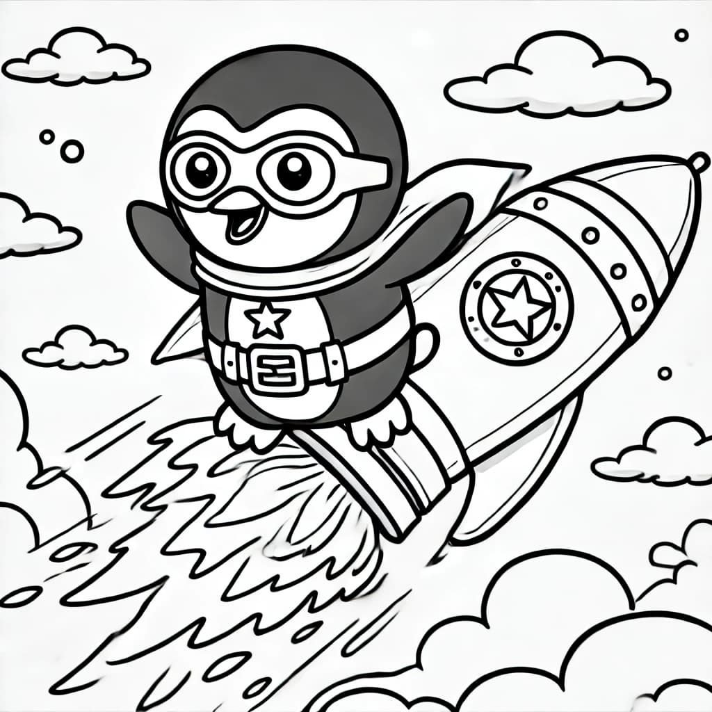 Ausmalbild - Superpinguin hebt ab! - Pinguin, Superheld, Jetpack, Himmel