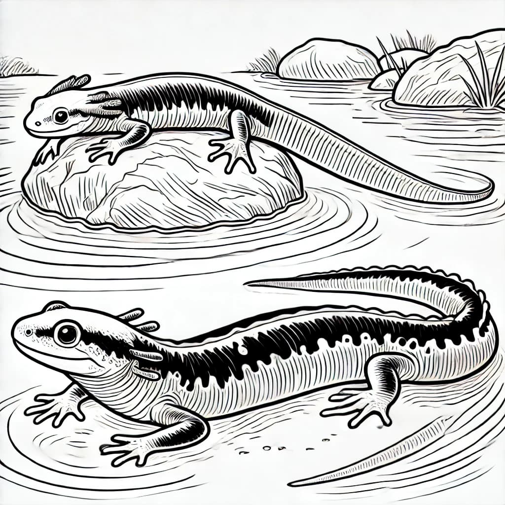 Ausmalbild - Zwei Drachenmolche am Teich - Drachenmolch, Amphibien, Reptilien, Teich