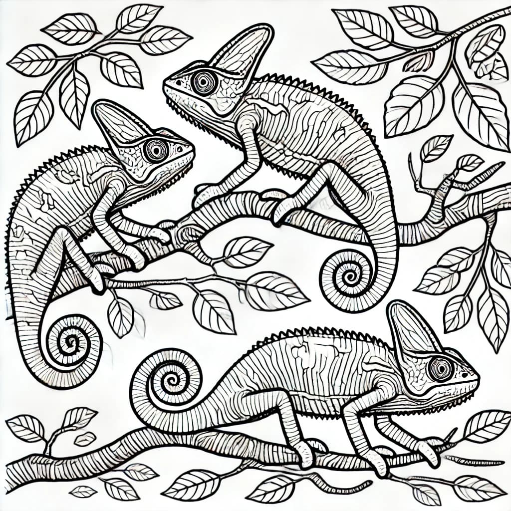 Ausmalbild - Jacksons Chamäleons im Baum - Chamäleon, Reptil, Äste, Blätter