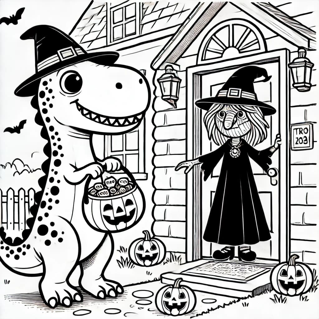 Ausmalbild - Dino sammelt Süßes an Halloween - Dinosaurier, Hexe, Halloween, Haustür
