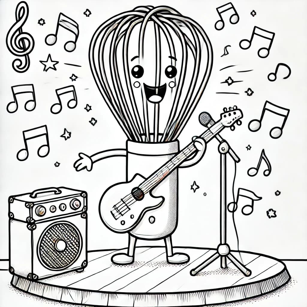 Ausmalbild - Der Rockstar-Schneebesen 🎸🥄 - Schneebesen, Rockstar, Gitarre, Musik