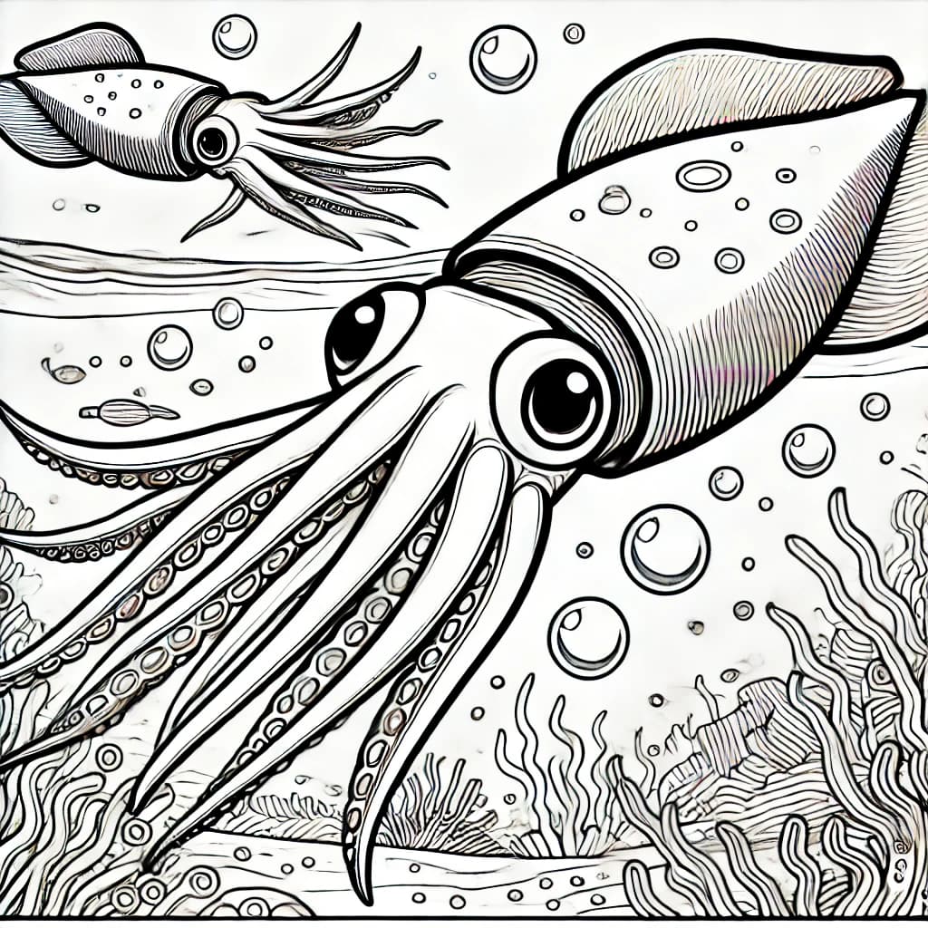 Ausmalbild - Koloss-Kalmare in der Tiefsee - Koloss-Kalmar, Tintenfisch, Meer, Ozean