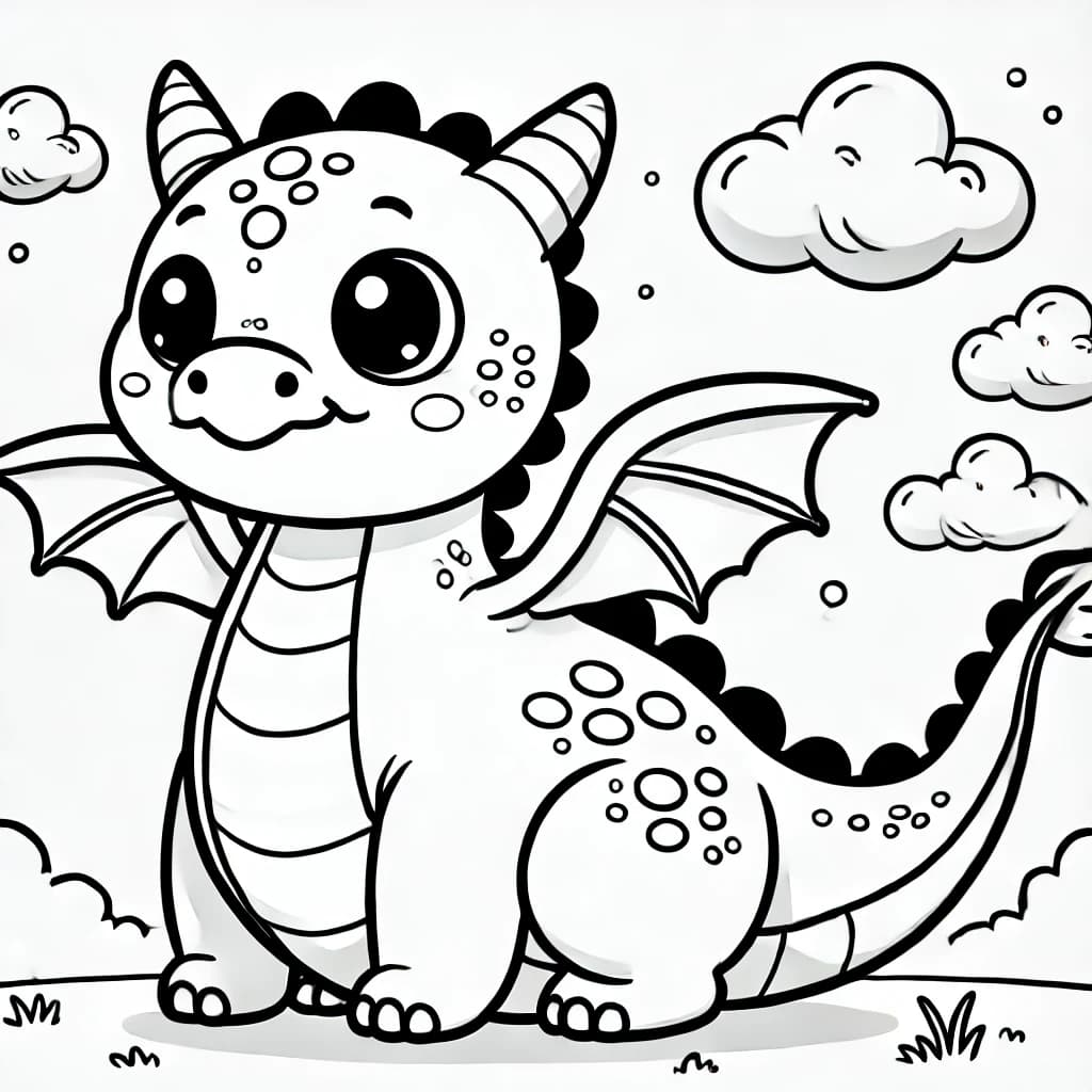 Ausmalbild - Der kleine Drache mit den winzigen Flügeln - Drache, Fantasy, Flügel, Kinderdrachen
