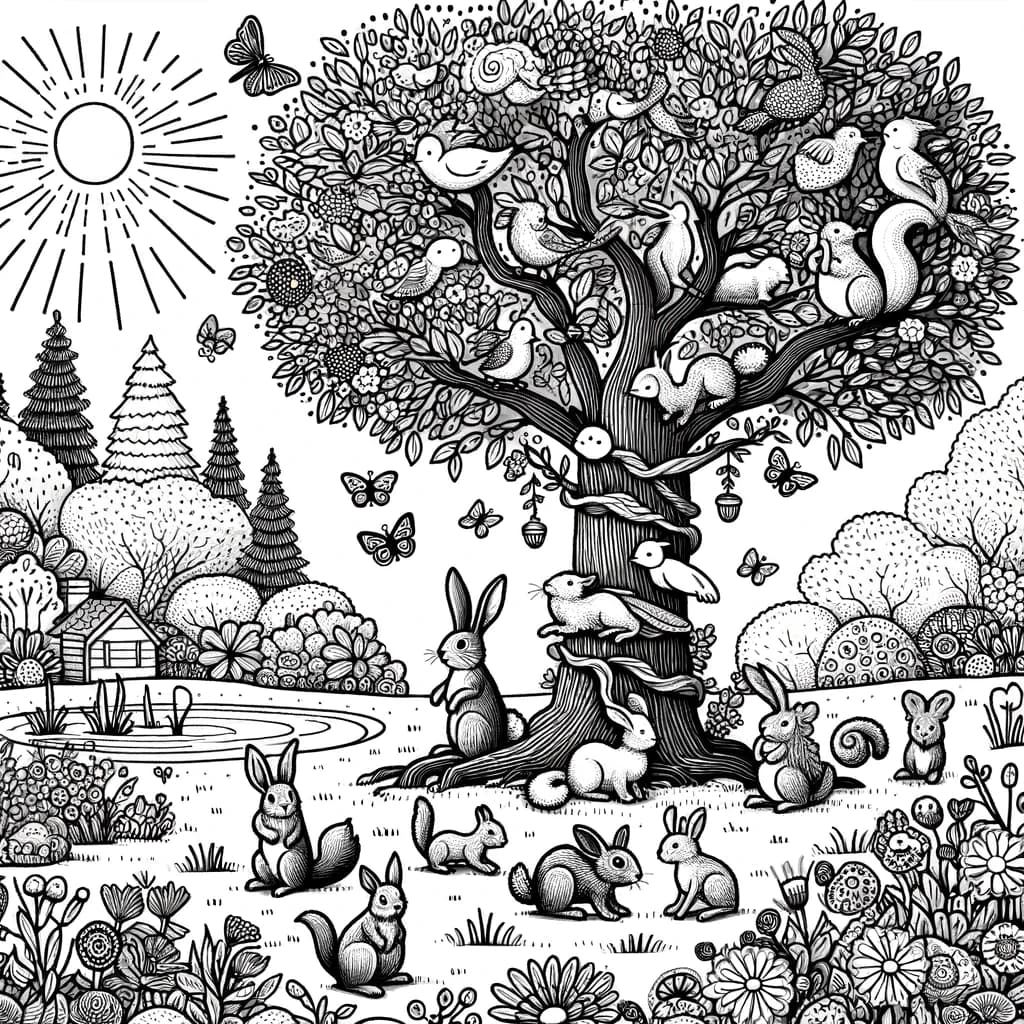 Ausmalbild - Spielzeit im Zauberwald - Zauberwald, Tiere, Baum, Blumen