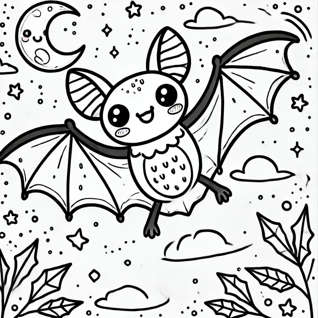 Ausmalbild - Fledermaus in der Nacht - Fledermaus, Nacht, Mond, Sterne