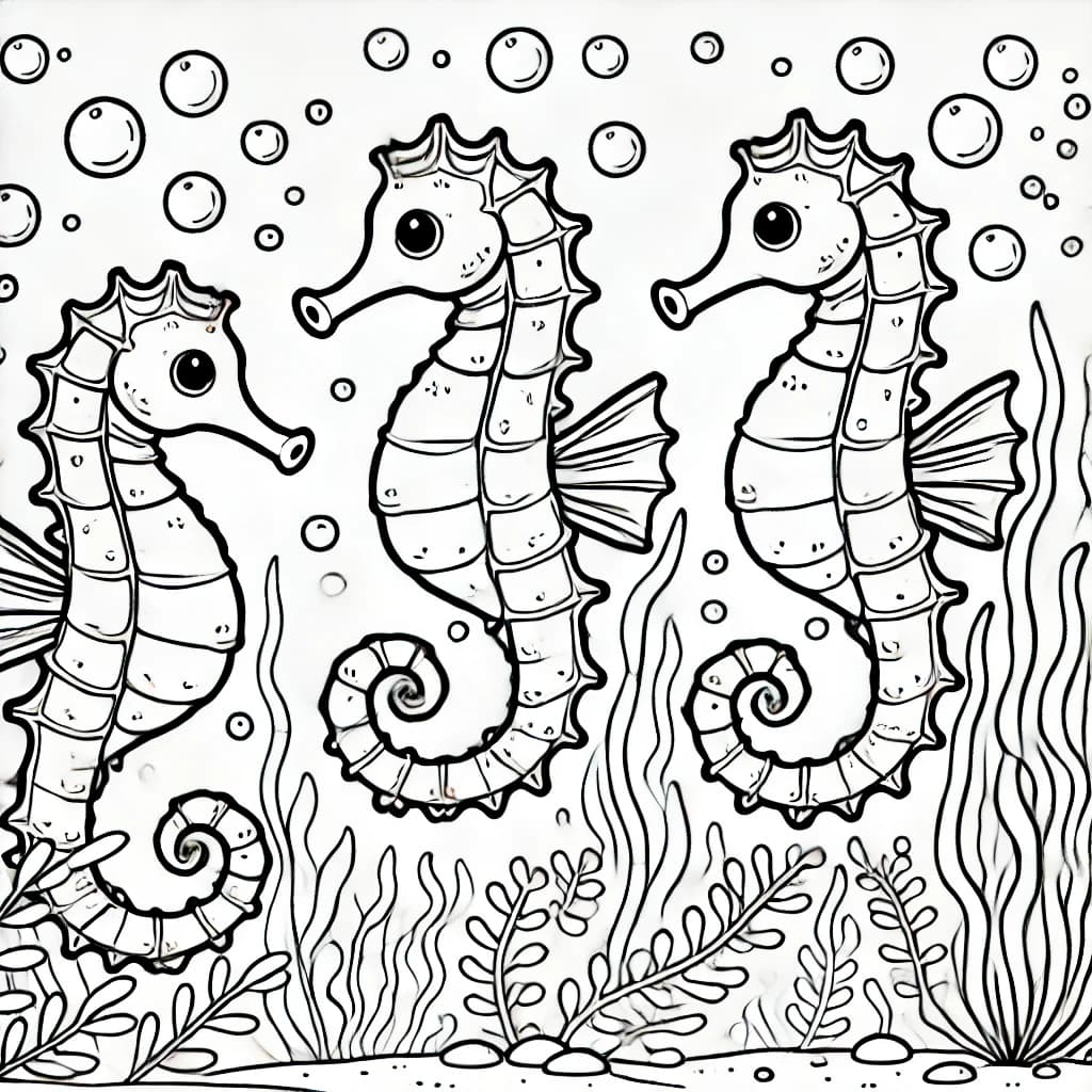 Ausmalbild - Seepferdchen im Ozean - Seepferdchen, Meer, Unterwasser, Fische